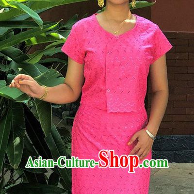Chinese Dai Nationality Dance Costumes Traditional Dai Ethnic Rosy Blouse and Straight Skirt Full Set for Women