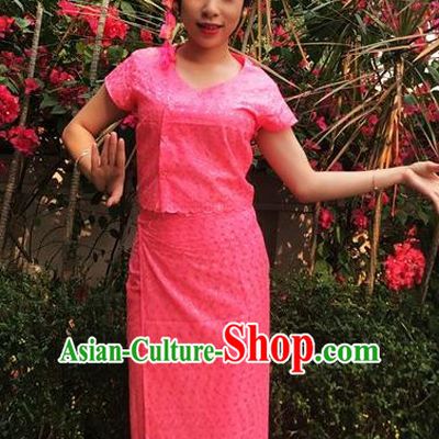 Chinese Dai Nationality Dance Costumes Traditional Dai Ethnic Watermelon Red Blouse and Straight Skirt Full Set for Women