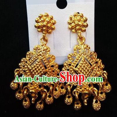 Chinese Dai Nationality Golden Earrings Traditional Ethnic Folk Dance Ear Accessories for Women