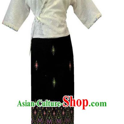 Chinese Dai Nationality Stage Show Outfit Costumes Traditional Dai Ethnic Folk Dance White Blouse and Black Straight Skirt Complete Set
