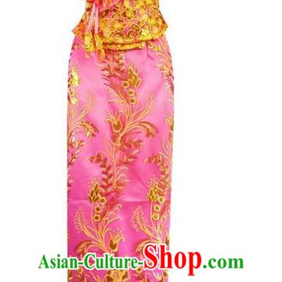 Chinese Dai Nationality Embroidered Outfit Costumes Traditional Dai Ethnic Folk Dance Pink Blouse and Straight Skirt Full Set