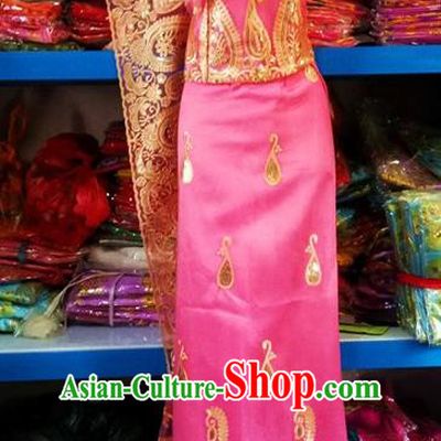 Traditional Chinese Dai Nationality Pink Blouse and Straight Skirt Outfit Dai Ethnic Dance Costumes with Tippet Veil