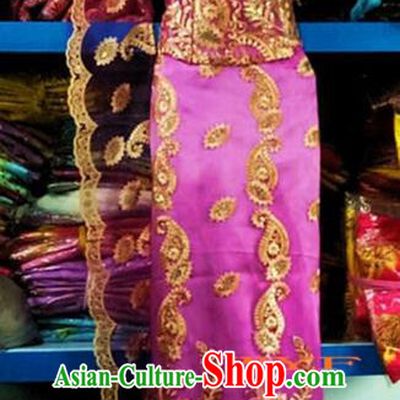 Traditional Chinese Dai Nationality Purple Sleeveless Blouse and Straight Skirt Outfit Dai Ethnic Dance Costumes with Tippet Veil
