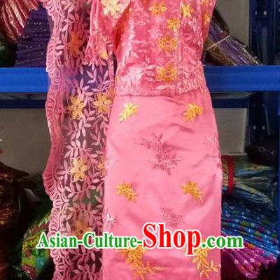 Traditional Chinese Dai Nationality Peach Pink Sleeveless Blouse and Straight Skirt Outfit Dai Ethnic Dance Costumes with Tippet Veil