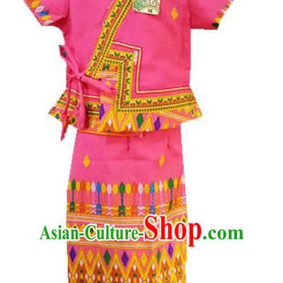 Chinese Dai Nationality Girl Dress Costumes Traditional Dai Ethnic Children Pink Blouse and Straight Skirt for Kids