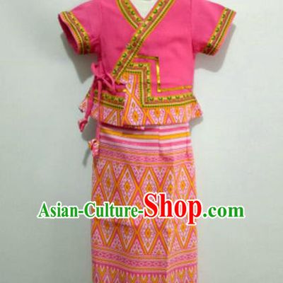 Chinese Dai Nationality Girl Dress Costumes Traditional Dai Ethnic Children Peach Pink Blouse and Straight Skirt for Kids