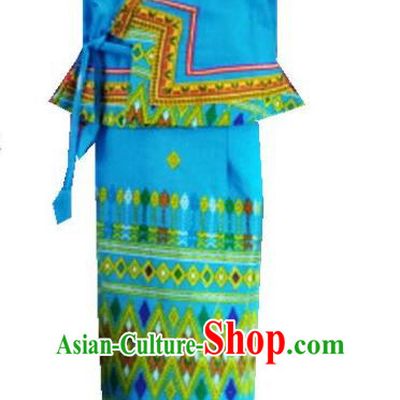 Chinese Dai Nationality Girl Dress Costumes Traditional Dai Ethnic Children Blue Blouse and Straight Skirt for Kids