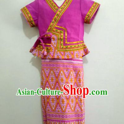 Chinese Dai Nationality Girl Dress Costumes Traditional Dai Ethnic Children Purple Blouse and Straight Skirt for Kids