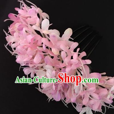 Chinese Dai Nationality Dance Pink Flowers Hairpin Traditional Ethnic Hair Accessories Handmade Hair Comb for Women