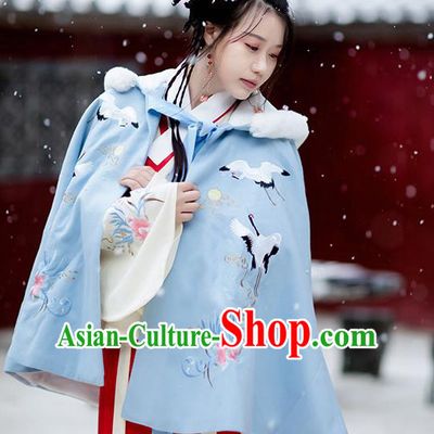 Chinese Ming Dynasty Young Lady Costumes Traditional Hanfu Garment Ancient Embroidered Crane Blue Short Cloak for Women