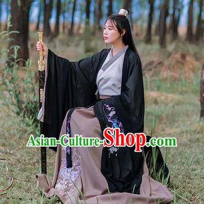 Chinese Jin Dynasty Young Swordsman Costumes Traditional Ancient Scholar Hanfu Garment Embroidered Black Cape Shirt and Skirt Full Set