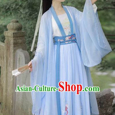 Chinese Tang Dynasty Costumes Ancient Noble Lady Embroidered Blue Cape Blouse and Skirt Traditional Hanfu Apparels