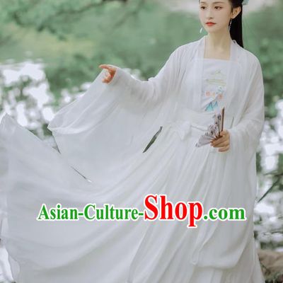 Chinese Ming Dynasty Young Female Costumes Traditional Hanfu Apparels Ancient Nobility Lady White Cape Blouse and Skirt Complete Set