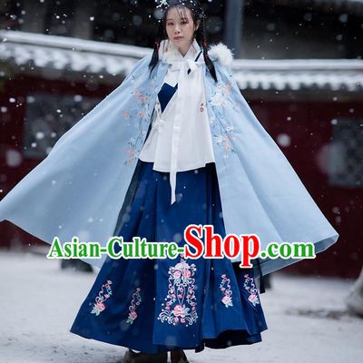 Chinese Ming Dynasty Embroidered Blue Hooded Cloak Costumes Traditional Ancient Hanfu Garment Winter Woolen Cape for Women