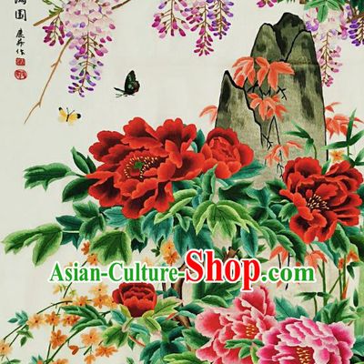 Chinese Traditional Embroidered Wisteria Decorative Painting Handmade Embroidery Craft Embroidering Peony Cloth Picture