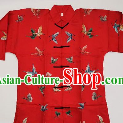 Chinese Traditional Embroidered Butterfly Red Blouse Handmade Embroidery Costume Tang Suit Upper Outer Garment for Women