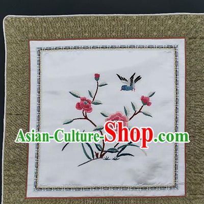 Traditional Chinese Embroidered Peony Flowers Fabric Patches Handmade Embroidery Craft Accessories Embroidering Bird White Silk Cushion Applique