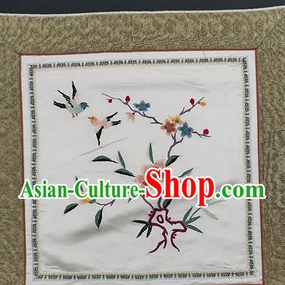 Traditional Chinese Embroidered Plum Fabric Patches Handmade Embroidery Craft Accessories Embroidering Peony Bird White Silk Cushion Applique