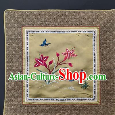 Traditional Chinese Embroidered Red Orchid Fabric Patches Handmade Embroidery Craft Accessories Embroidering Bird Yellow Silk Cushion Applique