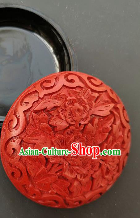 Chinese Traditional Handmade Carving Peony Flower Red Lacquer Rouge Box Lacquerware Craft Inkpad Box Chinese Traditional Handmade Carving Peony Flower Red Lacquer Rouge Box Lacquerware Craft Inkpad Box