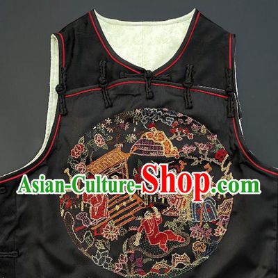 Chinese Traditional Embroidered Vest Handmade Embroidery Costume Tang Suit Black Silk Waistcoat for Women