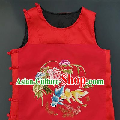 Chinese Traditional Embroidered Goldfish Peony Vest Handmade Embroidery Costume Tang Suit Red Silk Waistcoat for Women