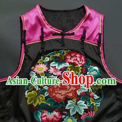 Chinese Traditional Embroidered Chrysanthemum Peony Vest Handmade Embroidery Costume Tang Suit Rosy Silk Waistcoat for Women