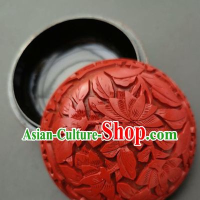 Chinese Traditional Handmade Carving Lotus Rouge Box Red Lacquerware Craft Inkpad Box