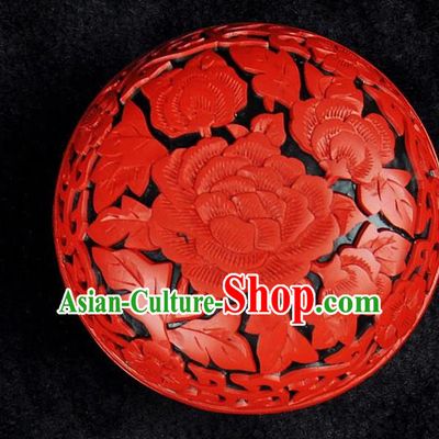 Chinese Traditional Handmade Carving Peony Rouge Box Red Lacquerware Craft Inkpad Box