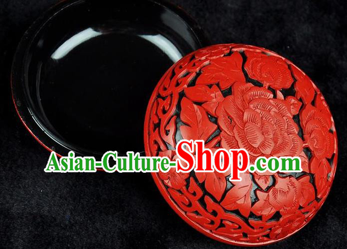 Chinese Traditional Handmade Carving Peony Rouge Box Red Lacquerware Craft Inkpad Box Chinese Traditional Handmade Carving Peony Rouge Box Red Lacquerware Craft Inkpad Box