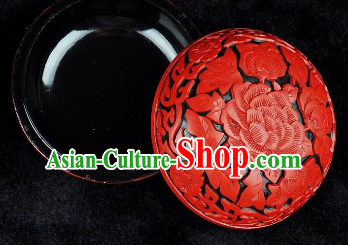 Chinese Traditional Handmade Carving Peony Rouge Box Red Lacquerware Craft Inkpad Box Chinese Traditional Handmade Carving Peony Rouge Box Red Lacquerware Craft Inkpad Box