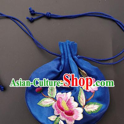 Chinese Traditional Handmade Embroidered Peony Royalblue Silk Sachet Perfumed Silk Bag