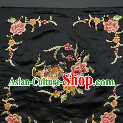 Chinese Traditional Embroidered Rosy Peony Mandarin Duck Cushion Fabric Handmade Embroidery Craft Embroidering Black Silk Applique