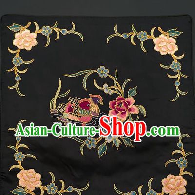 Chinese Traditional Embroidered Peony Mandarin Duck Cushion Fabric Handmade Embroidery Craft Embroidering Black Silk Applique