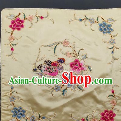 Chinese Traditional Embroidered Rosy and Blue Peony Mandarin Duck Cushion Fabric Handmade Embroidery Craft Embroidering White Silk Pillowslip Applique