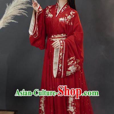 Traditional Chinese Jin Dynasty Princess Costumes Ancient Wedding Hanfu Garment Embroidered Red Blouse and Skirt for Patrician Woman