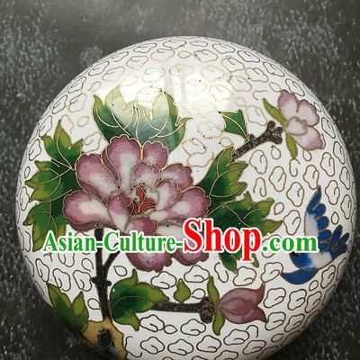 Chinese Traditional Cloisonne Peony Pattern Rouge Box Handmade Brass Craft Enamel White Inkpad Box Accessories