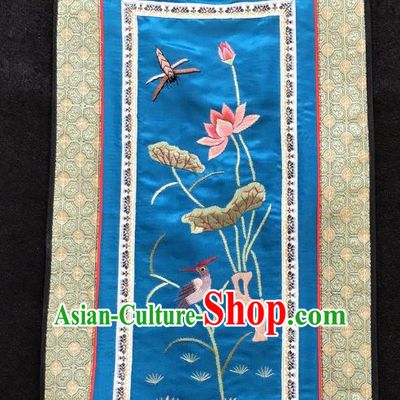 Chinese National Embroidered Lotus Paintings Traditional Handmade Embroidery Decorative Royalblue Silk Picture Craft