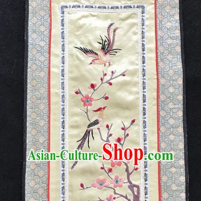 Chinese National Embroidered Plum Birds Paintings Traditional Handmade Embroidery Decorative Light Yellow Silk Picture Craft