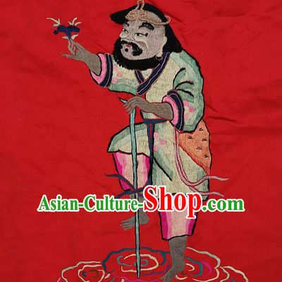 Chinese National Embroidered Legend Eight Immortals Tieguai Li Painting Traditional Handmade Embroidery Craft Embroidering Red Silk Decorative Wall Picture