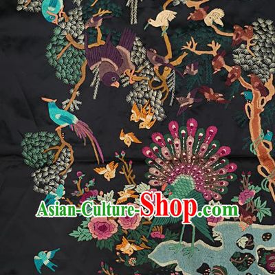 Traditional Chinese Embroidered Peacock Birds Fabric Hand Embroidering Dress Applique Embroidery Black Silk Patches Accessories