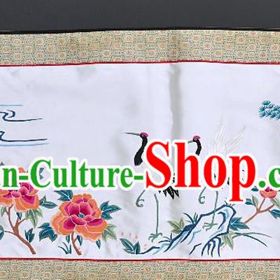 Chinese National Embroidered Crane Peony White Silk Paintings Traditional Handmade Embroidery Craft Decorative Wall Picture