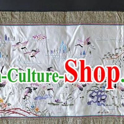 Chinese National Embroidered Cranes White Silk Paintings Traditional Handmade Embroidery Craft Decorative Wall Picture