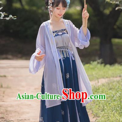 Chinese Song Dynasty Village Girl Costumes Traditional Ancient Country Female Hanfu Garment BeiZi Top and Skirt Full Set