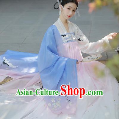 Chinese Tang Dynasty Noble Consort Costumes Traditional Ancient Goddess Hanfu Garment Blue Cloak Blouse and Dress Full Set