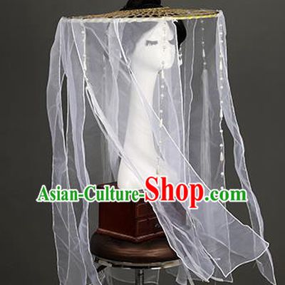 Chinese Traditional Ancient Swordswoman Headwear Handmade Princess Hanfu White Chiffon Veil Bamboo Hat