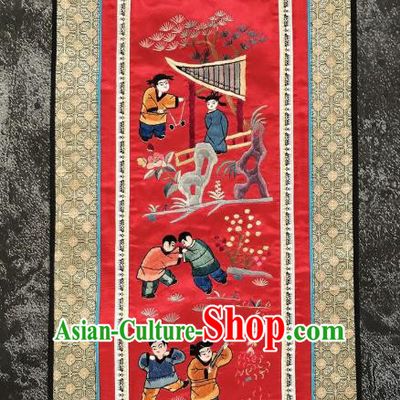 Chinese National Embroidered Eight Kids Paintings Traditional Handmade Embroidery Decorative Red Silk Picture Craft