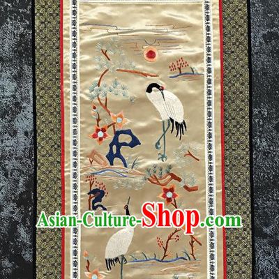 Chinese National Embroidered Pine Cranes Champagne Silk Paintings Traditional Handmade Embroidery Decorative Picture Craft