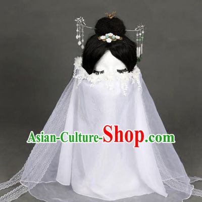 Chinese Traditional Ancient Swordswoman White Flowers Mask Headwear Handmade Princess Hanfu Face Veil