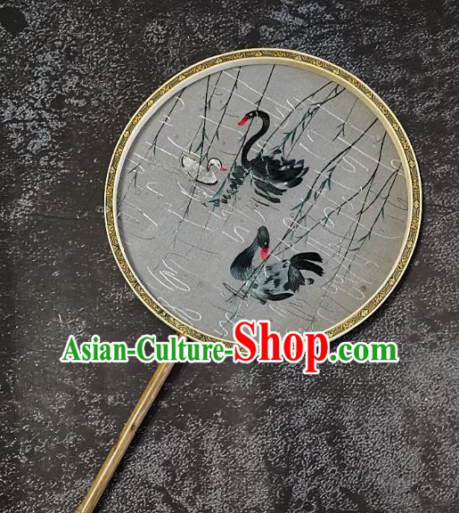 Chinese Traditional Embroidery Swan Palace Fans Handmade Mottled Bamboo Round Fan Embroidered Silk Craft Chinese Traditional Embroidery Swan Palace Fans Handmade Mottled Bamboo Round Fan Embroidered Silk Craft